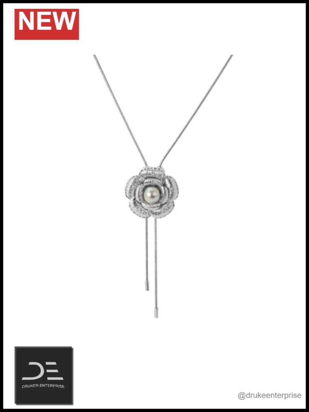 Akoya Pearl Camellia Pendant Necklace, Herringbone Chain, 18K Gold Plated,